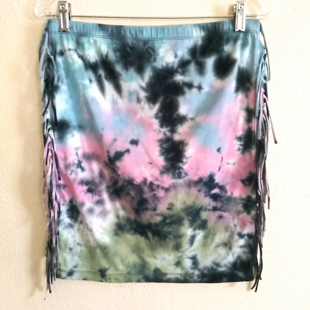 D-Signed Tie-Dye Fringe Mini Skirt Pink Blue Black Wild Size XL